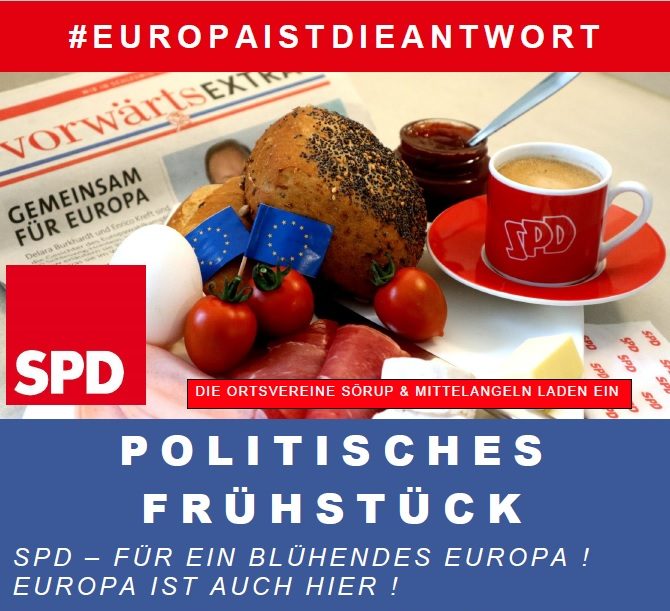 Plakat Politisches Frühstück, Kaffee Gedeck mit Brötchen, Aufschnitt und Kaffee