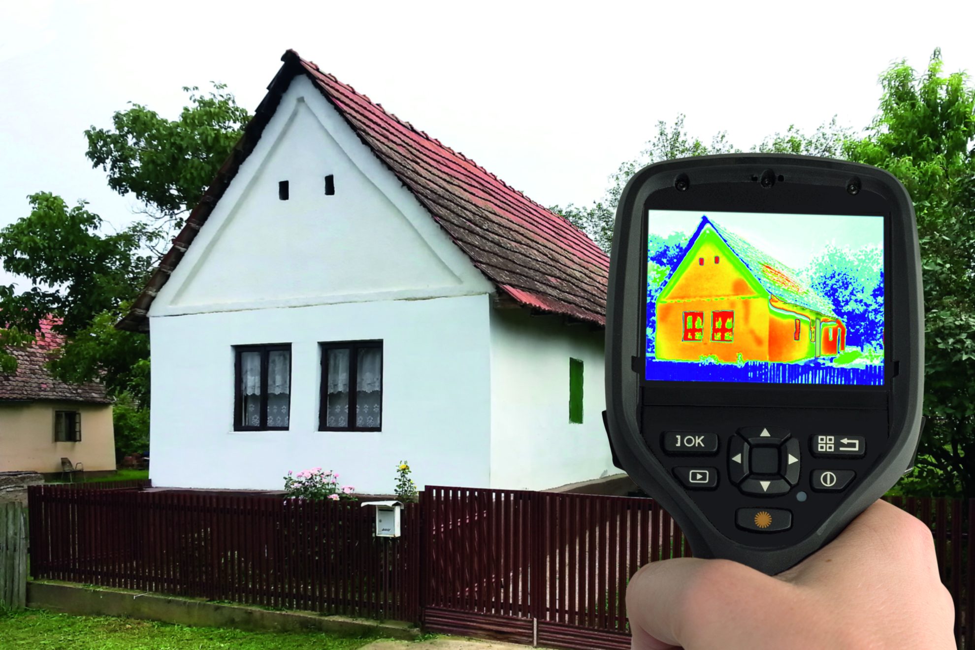 Haus mit dem Display einer Wärmebildkamerea im Vordergrund